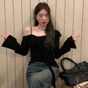 Cross-border Factory Foreign Trade Black Shoulder Slimming Long-sleeved Top Shoulder T-shirt Women's Spring and Autumn Base Shirt