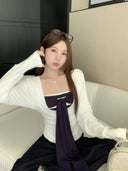 Pure Desire Large U-Neck Waist-Cinching Long-Sleeve T-Shirt for Women, Autumn Striped Tie Bandage Tube Top Layered Two-Piece Set, Korean Style, Elegant