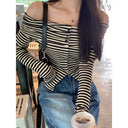 Elegant Off-Shoulder Long-Sleeve T-Shirt for Women, Early Autumn Slim-Fit Base Shirt with Contrasting Color Stripes, Melade Ins