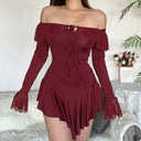 European and American Style 2025 Autumn and Winter New Women's Elegant One-Shoulder Sexy Backless Ruffled Pure Color Hip-Hugging Dress