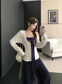 Pure Desire Large U-Neck Waist-Cinching Long-Sleeve T-Shirt for Women, Autumn Striped Tie Bandage Tube Top Layered Two-Piece Set, Korean Style, Elegant
