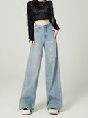 American Style Women's Wide Leg Jeans Spring and Autumn New Design Sense High Waist Slimming Straight Pants Women's Trendy