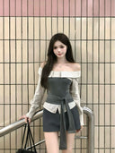2025 Autumn New Korean Style College Style One-Shoulder Striped Shirt Top with Strap Slim Design Fake Two-Piece Women