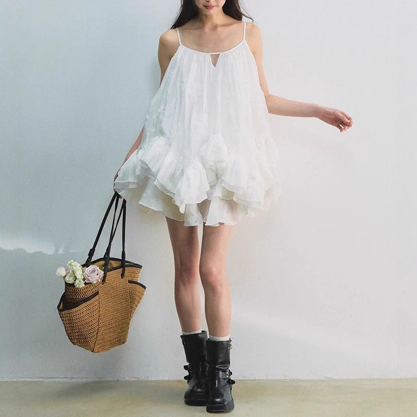 Fairy Fluttering White Ruffled Fairy Dress Summer Seaside Vacation Suspender Tutu Skirt