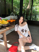 Summer Women's Tops Short-Sleeved Women's T-Shirt Clothes One-Shoulder High-End Cute Printed Short-Sleeved T-Shirt Custom Group Uniform