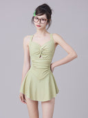 2025 New Swimsuit Women's One-Piece Conservative Belly Covering Slimming Student Fresh Solid Color Skirt Style Small Breast Hot Spring Swimsuit