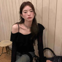Cross-border Factory Foreign Trade Black Shoulder Slimming Long-sleeved Top Shoulder T-shirt Women's Spring and Autumn Base Shirt