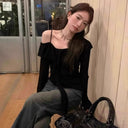 Cross-border Factory Foreign Trade Black Shoulder Slimming Long-sleeved Top Shoulder T-shirt Women's Spring and Autumn Base Shirt