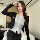 Spice Girls Fake Two-piece V-neck Long-sleeved Knitwear Women's Spring and Autumn Korean-style Hollow-out Slim-fit Single-breasted Short Top