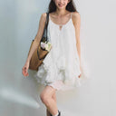 Fairy Fluttering White Ruffled Fairy Dress Summer Seaside Vacation Suspender Tutu Skirt
