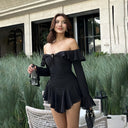 European and American Style 2025 Autumn and Winter New Women's Elegant One-Shoulder Sexy Backless Ruffled Pure Color Hip-Hugging Dress