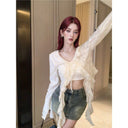 Cross-Border Export Wasteland Style Tassel Ripped Horn Long-Sleeved T-Shirt Women's Summer Asymmetrical Sexy Tops Niche