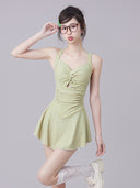 2025 New Swimsuit Women's One-Piece Conservative Belly Covering Slimming Student Fresh Solid Color Skirt Style Small Breast Hot Spring Swimsuit