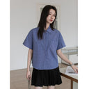 Cross-Border Blue Plaid Short-Sleeved Shirt Autumn Women's Clothing Autumn High-End Shirt Tops Plus Size Women's Tops