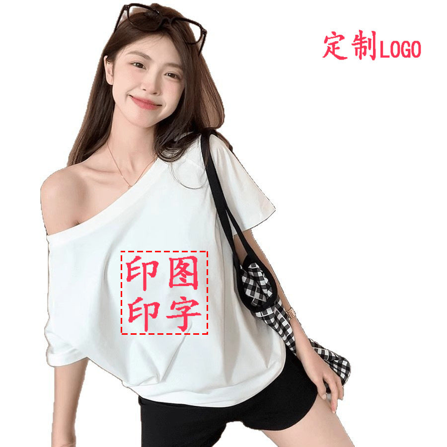 Summer Women's Tops Short-Sleeved Women's T-Shirt Clothes One-Shoulder High-End Cute Printed Short-Sleeved T-Shirt Custom Group Uniform