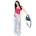 Lace Stitching Ripped Wide Leg Jeans Women's 2025 Summer New Loose Design Sense High Waist Straight Pants
