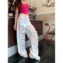Lace Stitching Ripped Wide Leg Jeans Women's 2025 Summer New Loose Design Sense High Waist Straight Pants