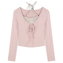 Pure Wind Sweet Spice Girl Fake Two-piece Long-sleeved T-shirt Women's Spring Neck-hanging Pink Slim-fit Sunscreen Short Chic Top