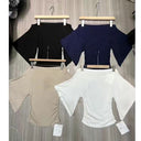 Summer Pure Desire Sweet Sexy Girl Sexy One-Shoulder Waist Slimming Look Three-Quarter Sleeve T-Shirt Women's Unique and Chic Pleated Top