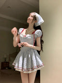 Grimm's Fairy Tale Pastoral Short Skirt Summer Waist Slimming Pure Desire Sweet Monet Garden Style French Square Neck Dress