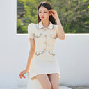 Foreign Trade Women's New Two-Piece Set 2023 Summer Korean Style Slim-Fit Small Jacket Fashionable Tight Waist Hip Skirt Set