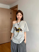 Summer Women's Tops Short-Sleeved Women's T-Shirt Clothes One-Shoulder High-End Cute Printed Short-Sleeved T-Shirt Custom Group Uniform