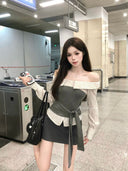 2025 Autumn New Korean Style College Style One-Shoulder Striped Shirt Top with Strap Slim Design Fake Two-Piece Women