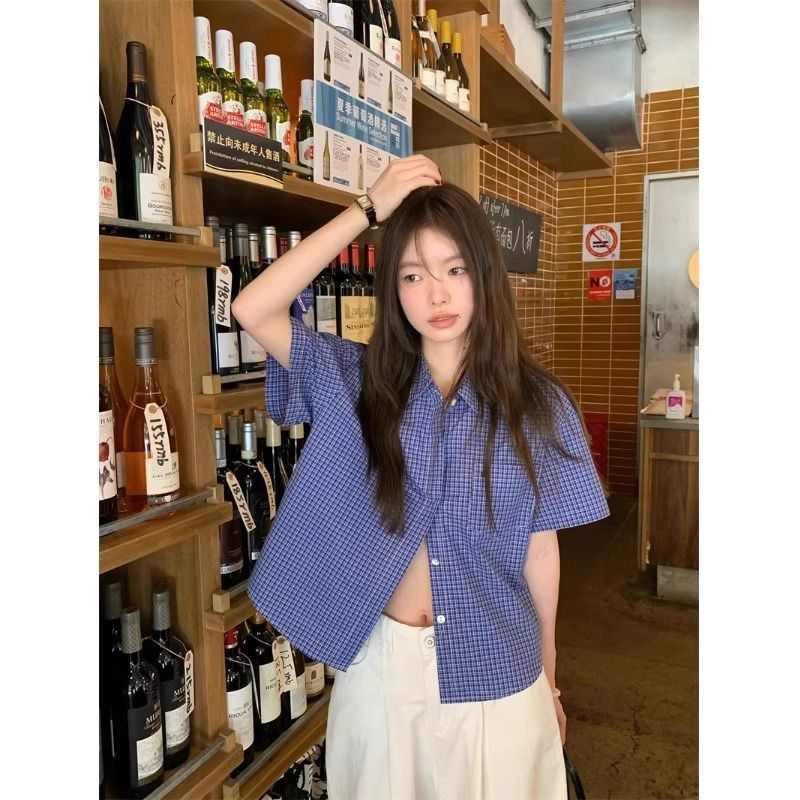 Cross-Border Blue Plaid Short-Sleeved Shirt Autumn Women's Clothing Autumn High-End Shirt Tops Plus Size Women's Tops