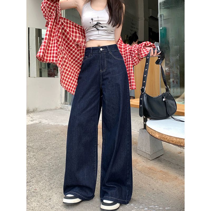 Vintage dark blue Wide Leg Jeans Women's Spring New High Waist Loose Dosing Straight Pants Ins