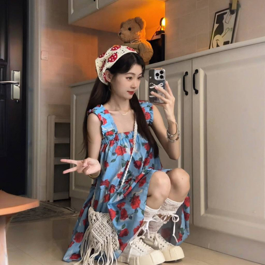 Retro Ruffled Floral Dress with Spaghetti Straps for Women, Summer Loose Slimming Beach Vacation Style Sweet Short Dress