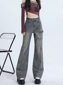 Plus-Size Women's American Retro Workwear Jeans, 2026 New Style, Washed Loose High-Waisted Straight Wide-Leg Pants