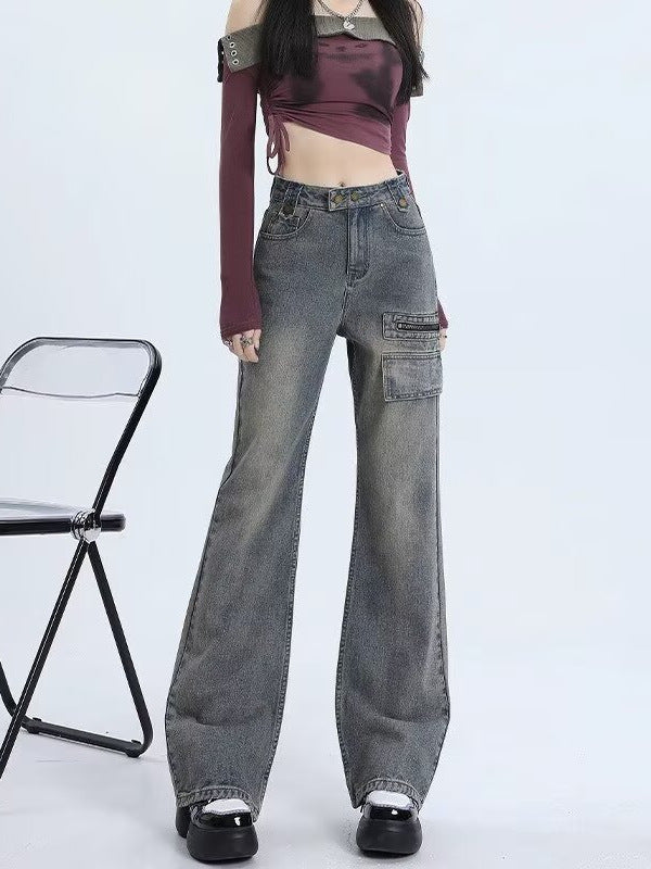 Plus-Size Women's American Retro Workwear Jeans, 2026 New Style, Washed Loose High-Waisted Straight Wide-Leg Pants
