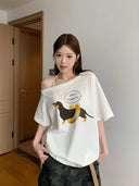 Summer Women's Tops Short-Sleeved Women's T-Shirt Clothes One-Shoulder High-End Cute Printed Short-Sleeved T-Shirt Custom Group Uniform