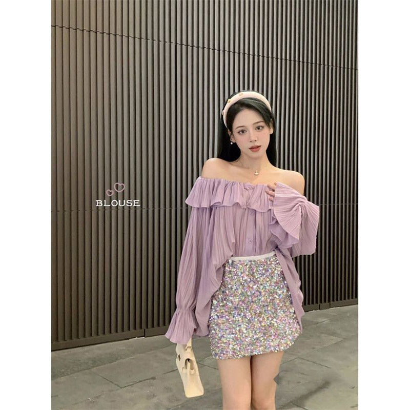 French Style Fashionable One-Shoulder Ruffled Sweet Chiffon Shirt for Women Summer Style Versatile Loose Sun Protection Blouse