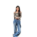 Elegant Off-Shoulder Long-Sleeve T-Shirt for Women, Early Autumn Slim-Fit Base Shirt with Contrasting Color Stripes, Melade Ins
