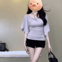 Summer Pure Desire Sweet Sexy Girl Sexy One-Shoulder Waist Slimming Look Three-Quarter Sleeve T-Shirt Women's Unique and Chic Pleated Top