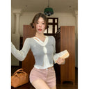Spice Girls Fake Two-piece V-neck Long-sleeved Knitwear Women's Spring and Autumn Korean-style Hollow-out Slim-fit Single-breasted Short Top