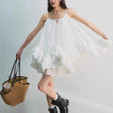 Fairy Fluttering White Ruffled Fairy Dress Summer Seaside Vacation Suspender Tutu Skirt