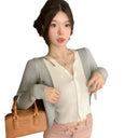 Spice Girls Fake Two-piece V-neck Long-sleeved Knitwear Women's Spring and Autumn Korean-style Hollow-out Slim-fit Single-breasted Short Top