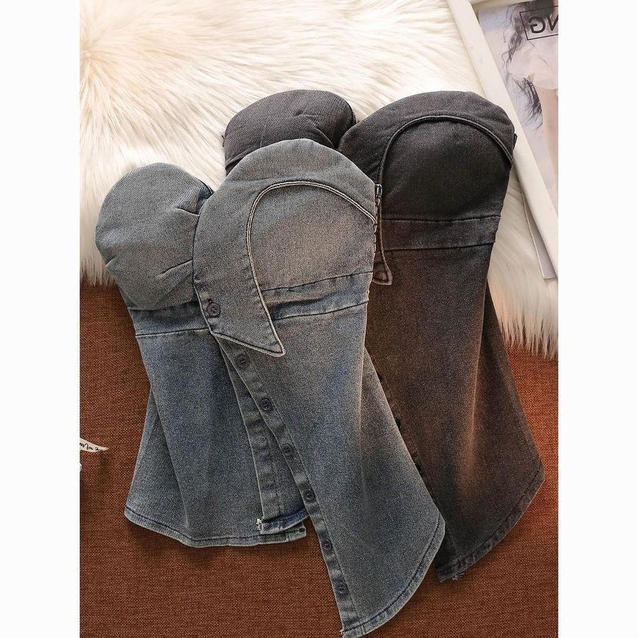 Pure Desire Hot Girl Denim Tube Top Camisole Women's Summer Outerwear with Breast Pad Asymmetrical Sexy Wrap Chest Short Top