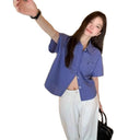 Cross-Border Blue Plaid Short-Sleeved Shirt Autumn Women's Clothing Autumn High-End Shirt Tops Plus Size Women's Tops