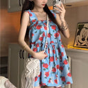 Retro Ruffled Floral Dress with Spaghetti Straps for Women, Summer Loose Slimming Beach Vacation Style Sweet Short Dress