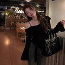 Cross-border Factory Foreign Trade Black Shoulder Slimming Long-sleeved Top Shoulder T-shirt Women's Spring and Autumn Base Shirt