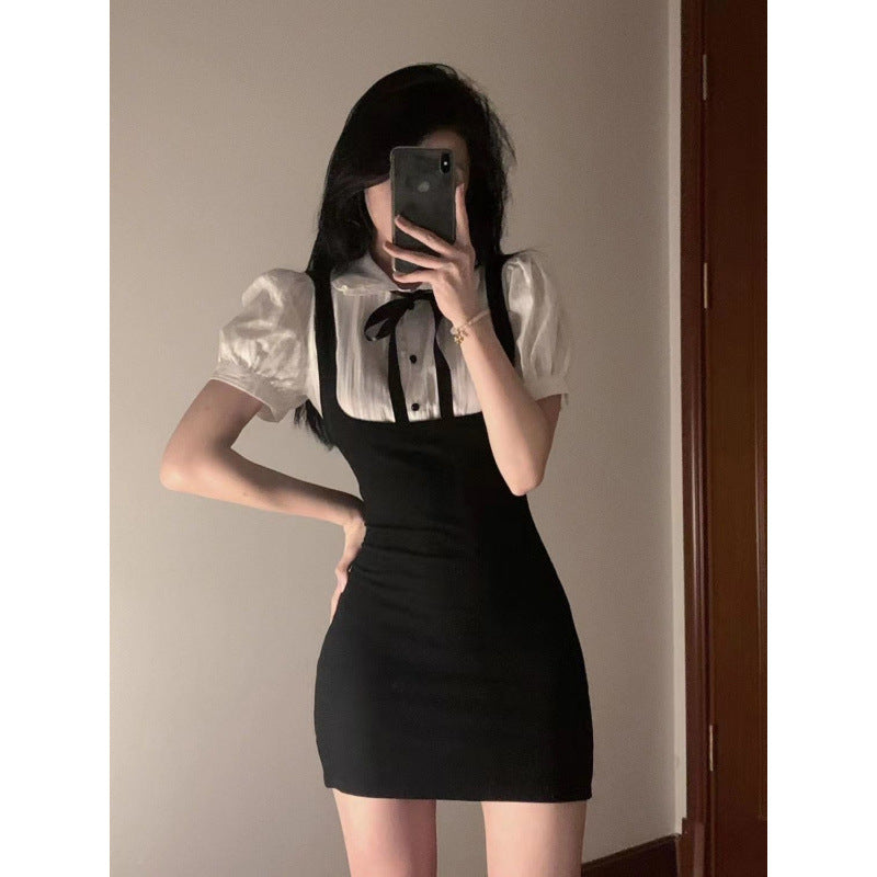 Girly Style Summer New Women's Clothing Sweet and Pure Internet Celebrity Detachable Bow Fake Two-Piece Black and White Splicing Dress Trendy