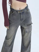 Plus-Size Women's American Retro Workwear Jeans, 2026 New Style, Washed Loose High-Waisted Straight Wide-Leg Pants