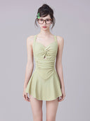 2025 New Swimsuit Women's One-Piece Conservative Belly Covering Slimming Student Fresh Solid Color Skirt Style Small Breast Hot Spring Swimsuit