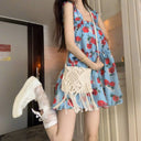 Retro Ruffled Floral Dress with Spaghetti Straps for Women, Summer Loose Slimming Beach Vacation Style Sweet Short Dress