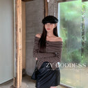 Elegant Off-Shoulder Long-Sleeve T-Shirt for Women, Early Autumn Slim-Fit Base Shirt with Contrasting Color Stripes, Melade Ins