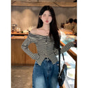 Elegant Off-Shoulder Long-Sleeve T-Shirt for Women, Early Autumn Slim-Fit Base Shirt with Contrasting Color Stripes, Melade Ins