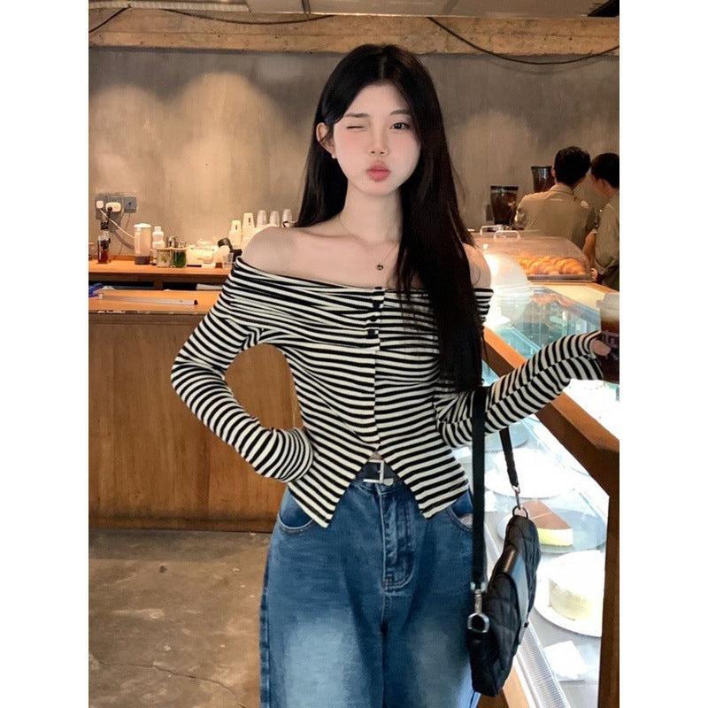 Elegant Off-Shoulder Long-Sleeve T-Shirt for Women, Early Autumn Slim-Fit Base Shirt with Contrasting Color Stripes, Melade Ins